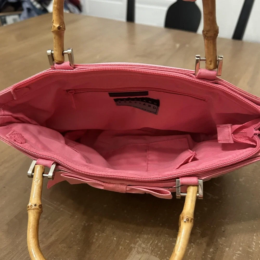 Braciano Top Handle Bag Womens Small Pink Striped Pleated Bamboo Bow Purse